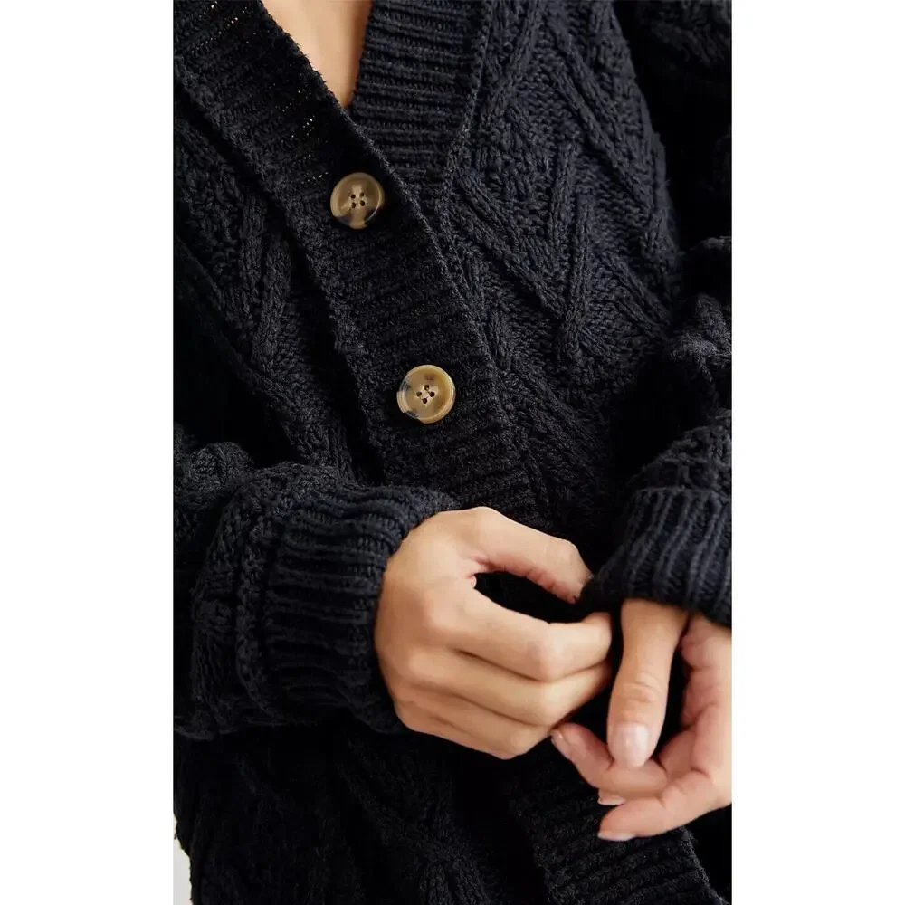 Free People Womens Montana Cable Knit Cardi Cardigan Sweater Black Size S - Picture 3 of 9